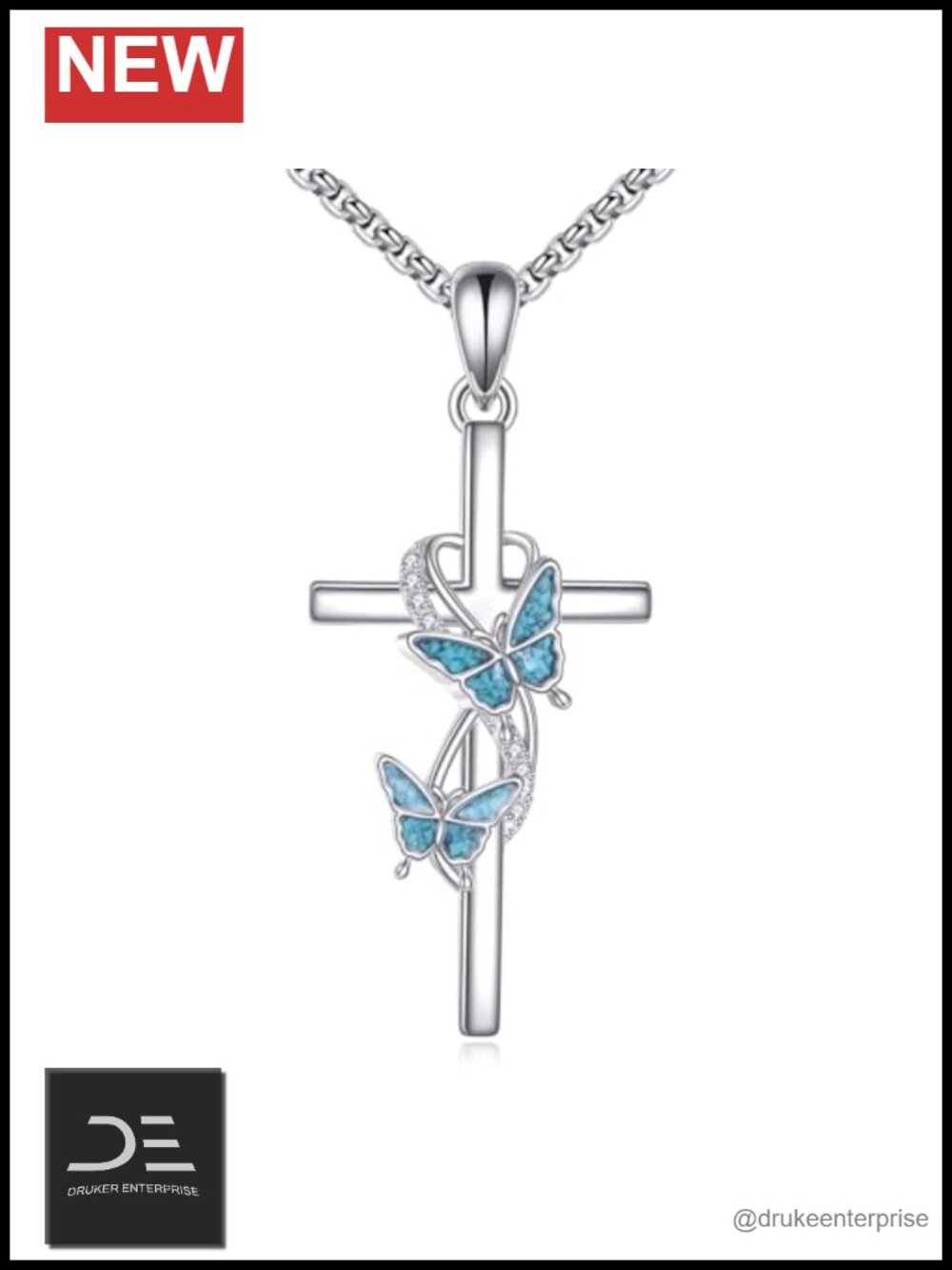 925 Sterling Silver Cross Pendant Necklace with Butterfly Charm Religious Gift